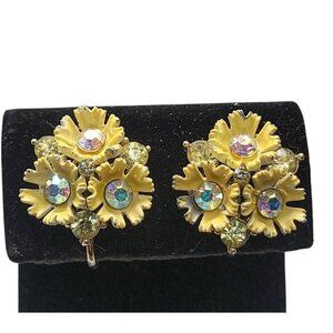 Lisner Screwback Earrings Yellow Enamel AB Rhinestone Flower Clusters Vintage